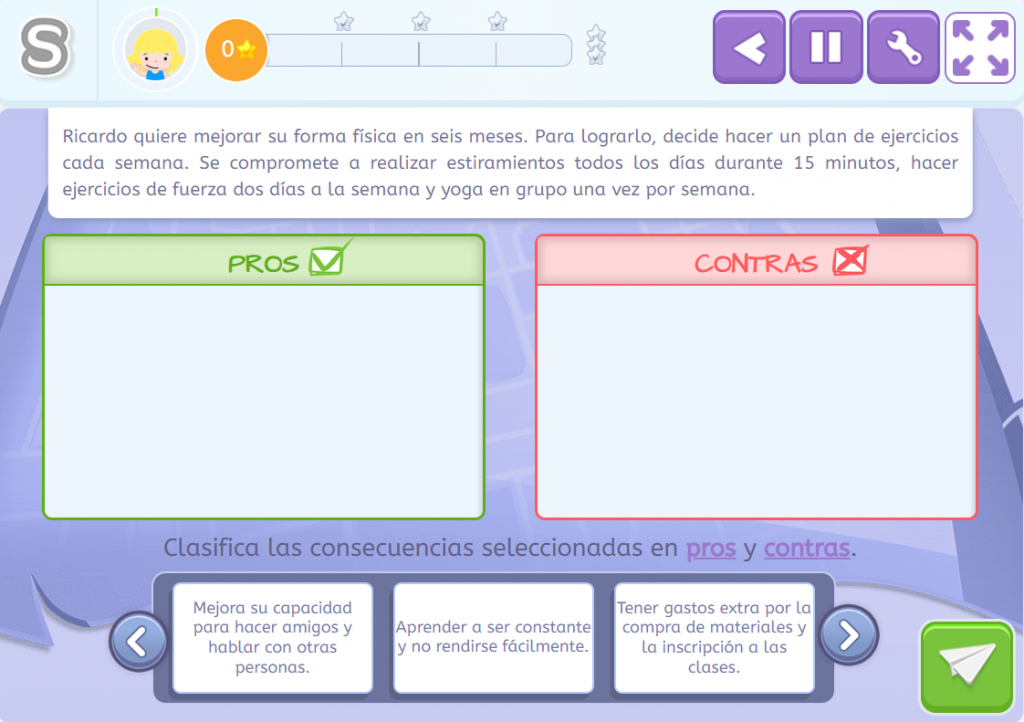 Ejercicio de Smartick Thinking diseñado para entrenar a tomar decisiones distinguiendo entre pros y contras.